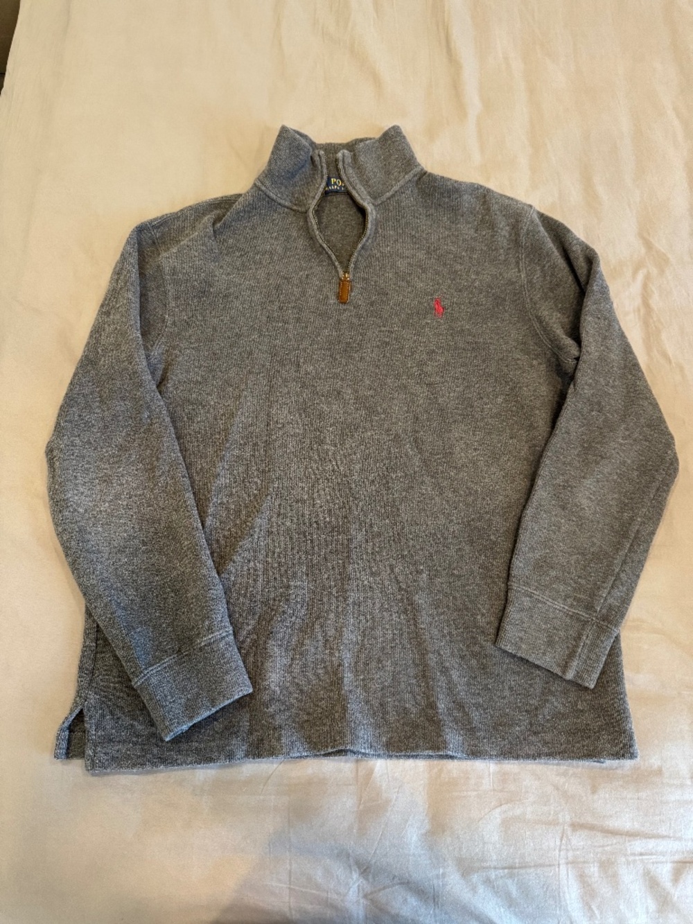 Polo Ralph Lauren Mens Quarter Zip Sweater Heather Gray Red Pony Cotton Medium